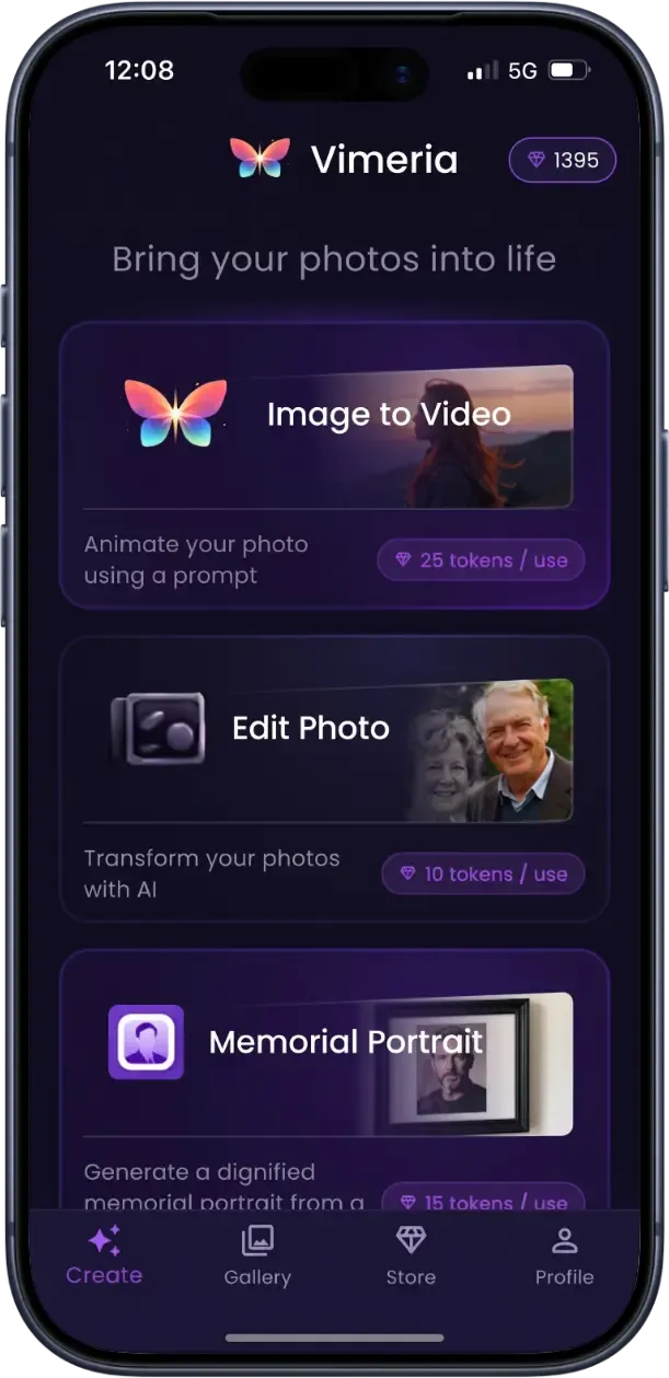 Vimeria app — pick between Image to Video, Restore Old Photos, and Memorial Portrait